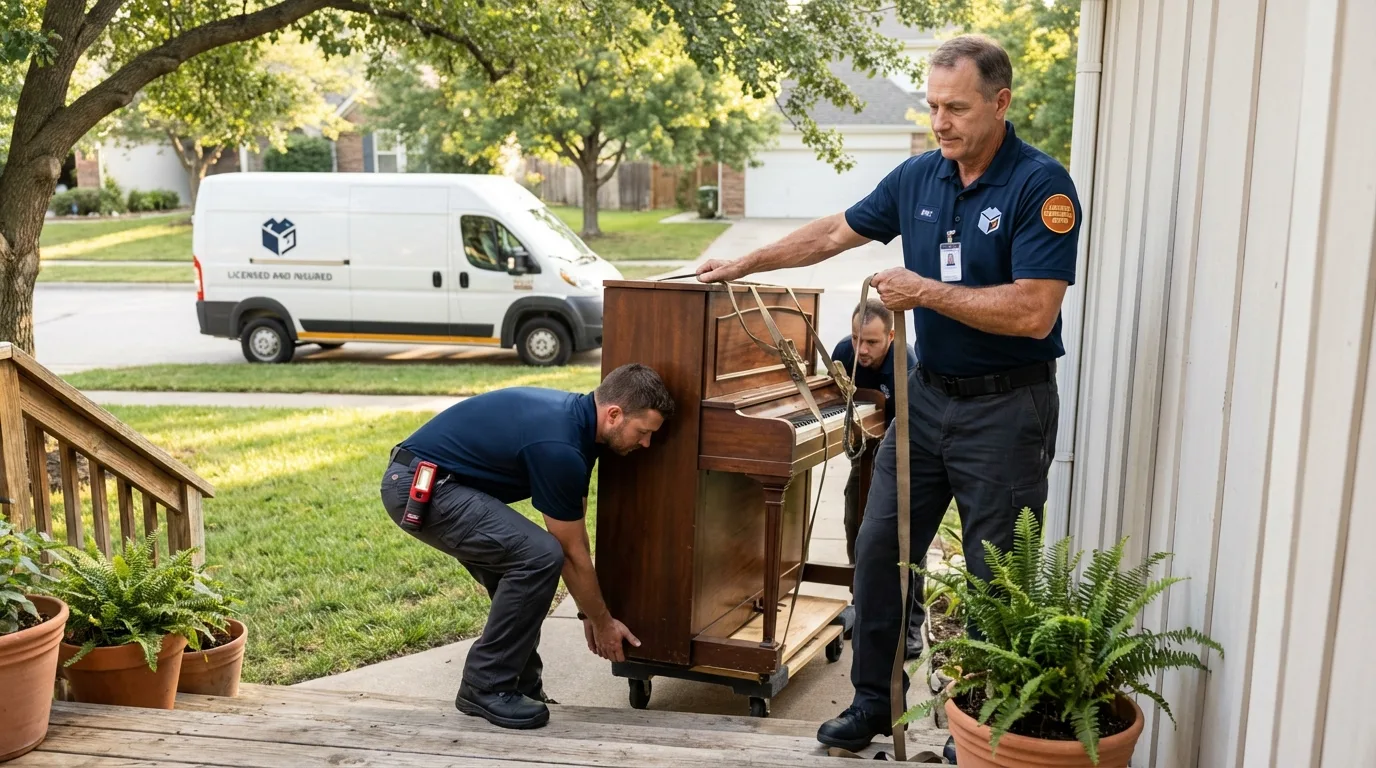 Licensed piano movers securing grand piano in Liberal, KS