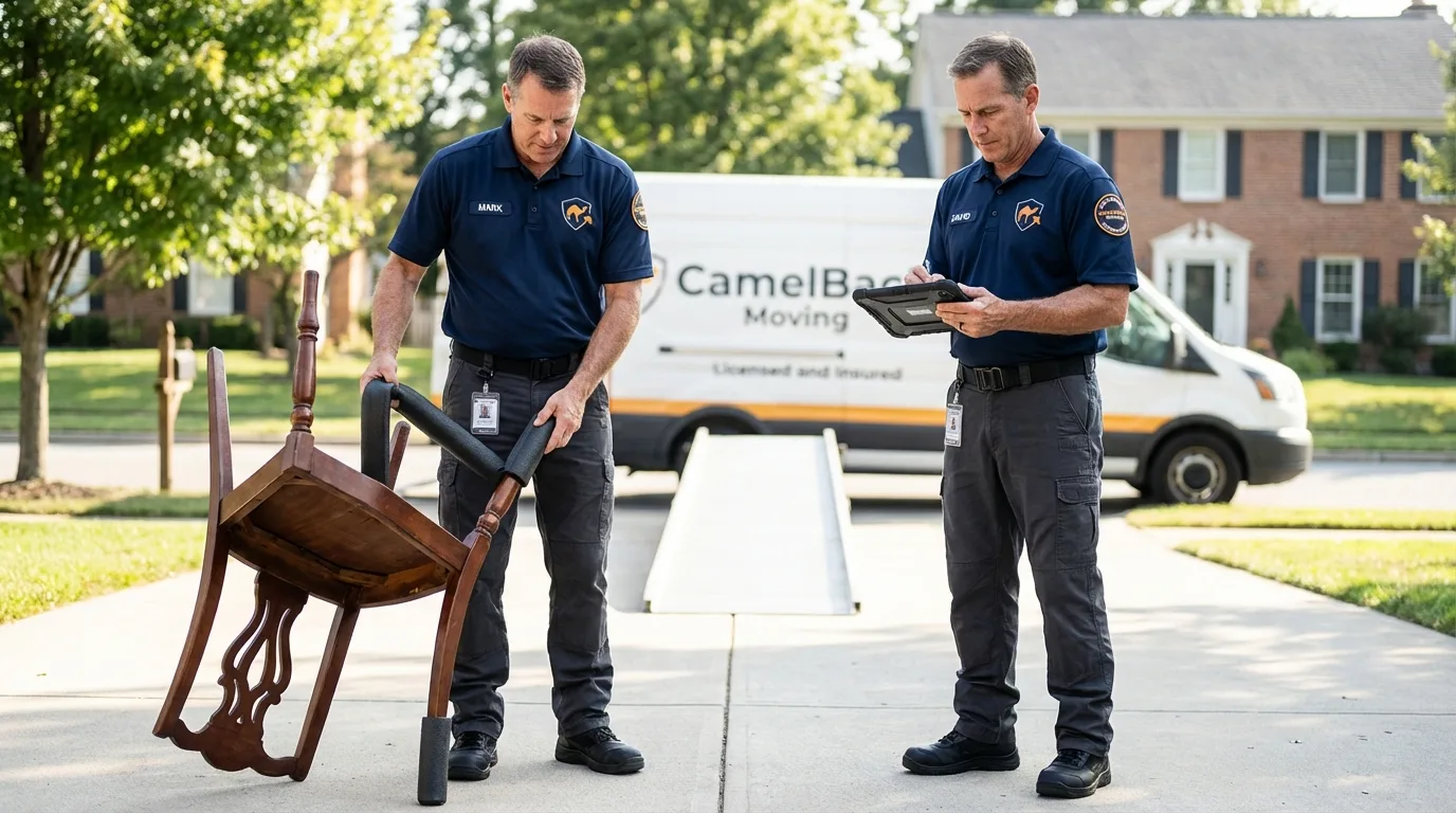 Movers inspecting furniture for damage prevention before loading in Liberal, KS