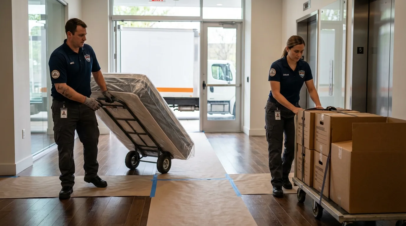 Professional apartment movers loading elevator in Liberal, KS